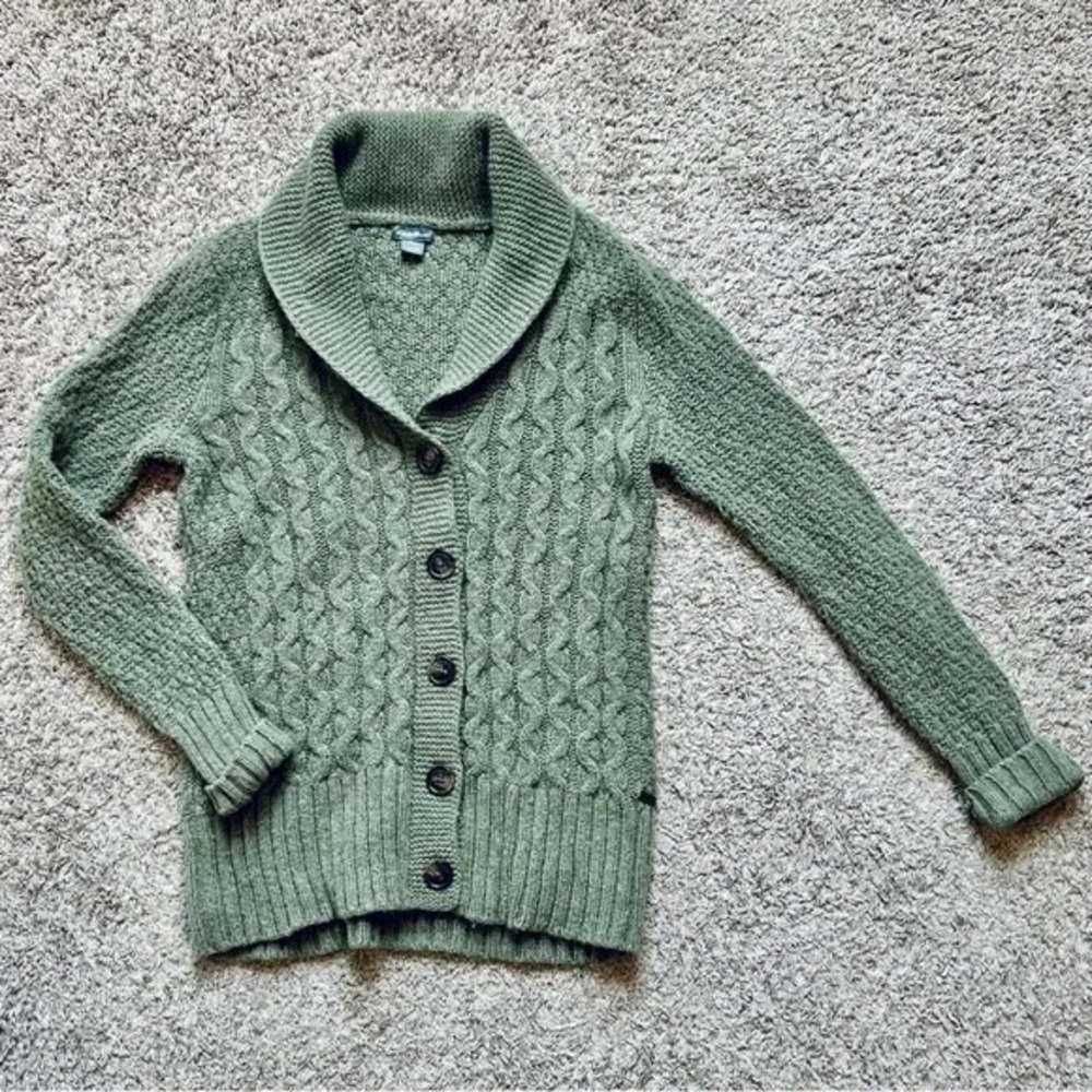 Eddie Bauer I Cable Knit‎ Shawl Collar Cardigan Sweater I Green I Women's Medium